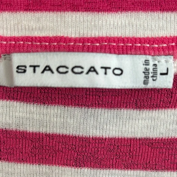 STACCATO V-Neck Short Sleeve Striped Slub Knit Top L Hot Pink - Picture 10 of 10